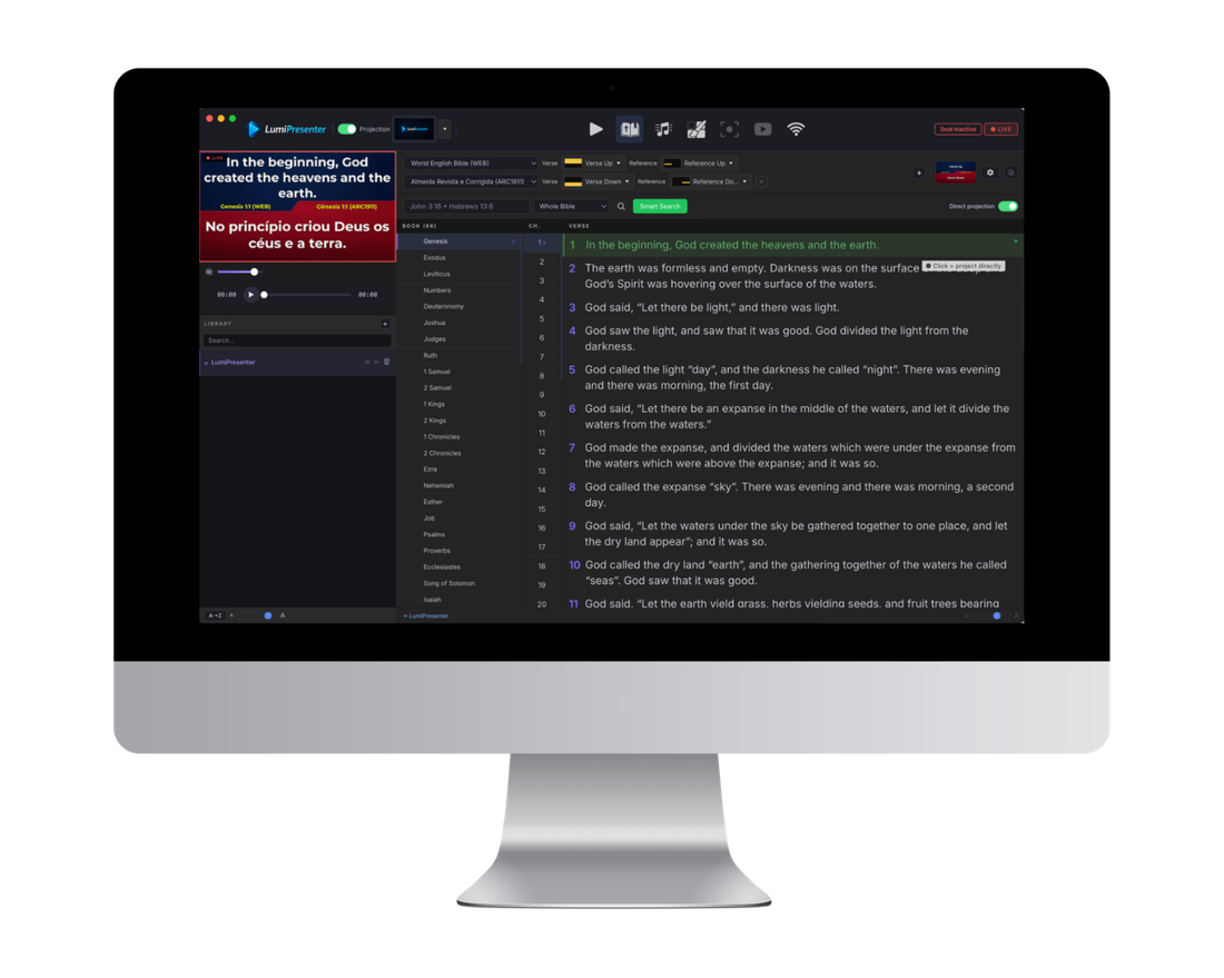 Two Bible translations projected side by side in LumiPresenter